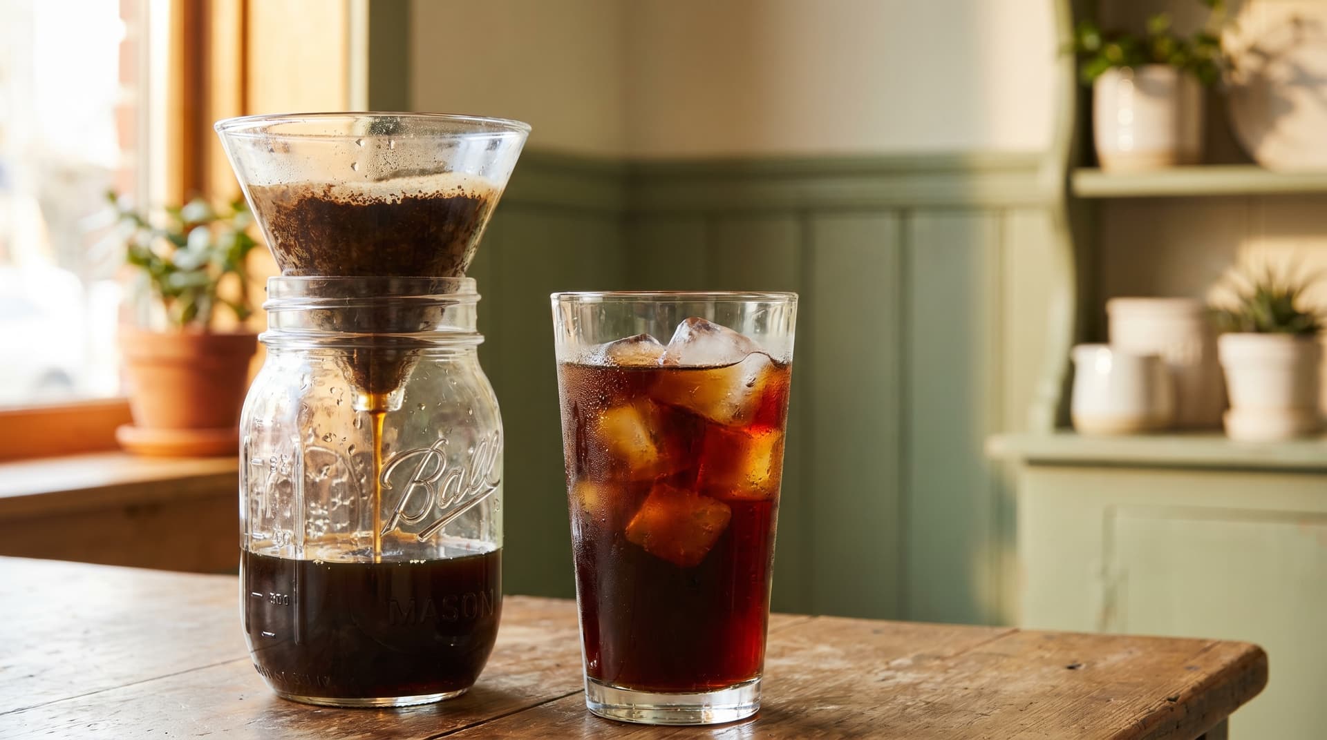 Bardakta cold brew kahve, yanında demleme kavanozu