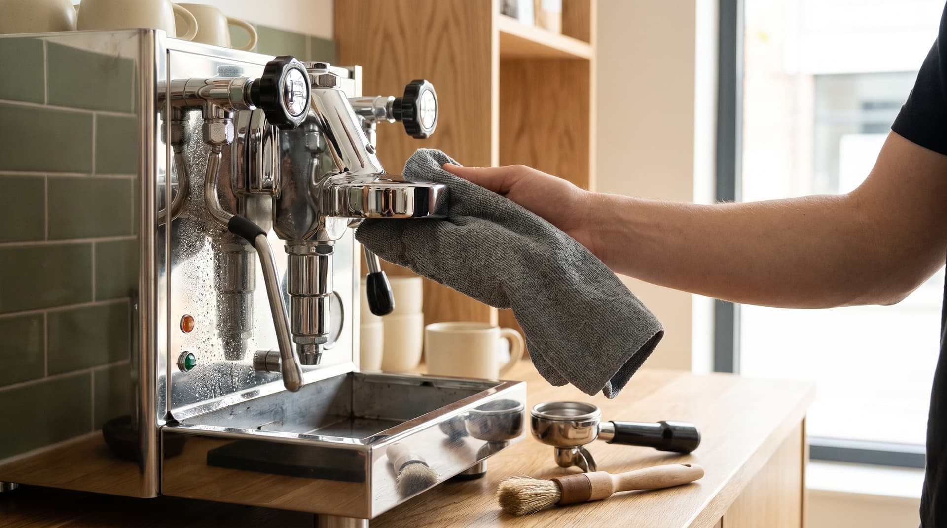 Temizlenmekte olan espresso makinesi ve portafilter